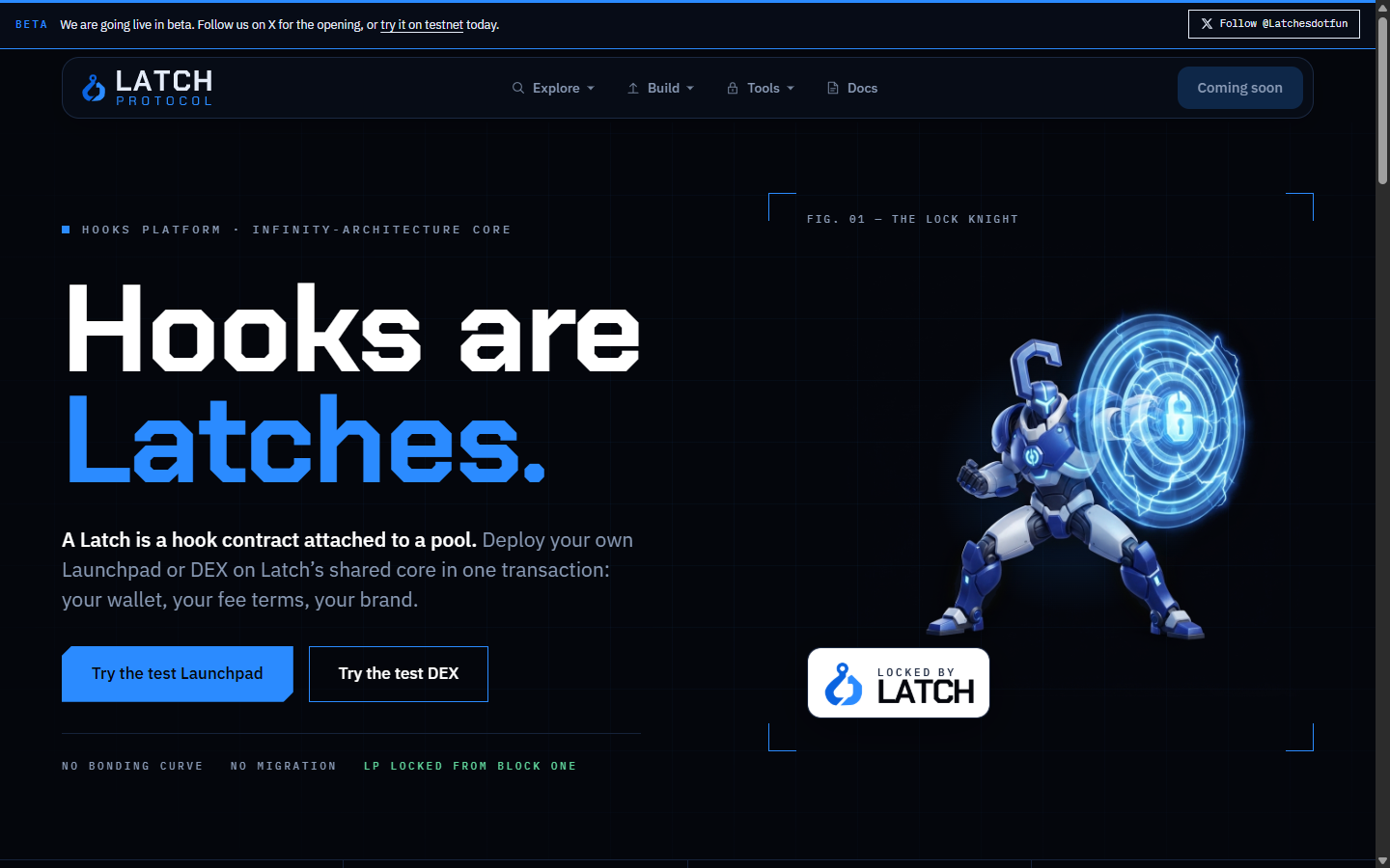 The Latch Protocol home page, with the beta banner and the two demo sites