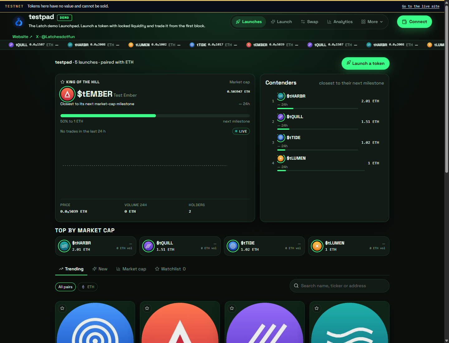 The demo Launchpad: a featured token, contenders and launch tiles with token icons